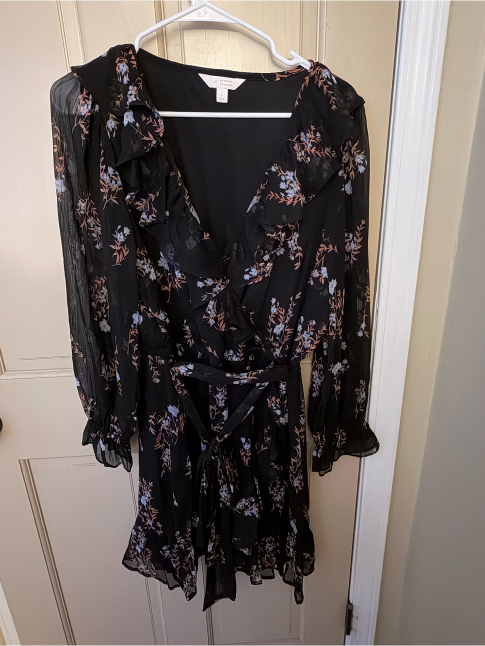 LC Lauren Conrad Black Floral Ruffle Wrap Dress